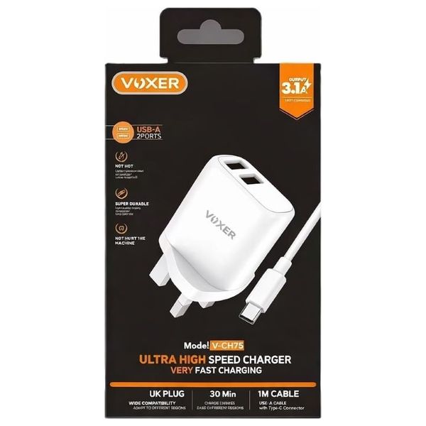  VOXER V CH75 - Dual USB Fast Wall Charger with USB-C Cable - 15.5W - 1m - White 