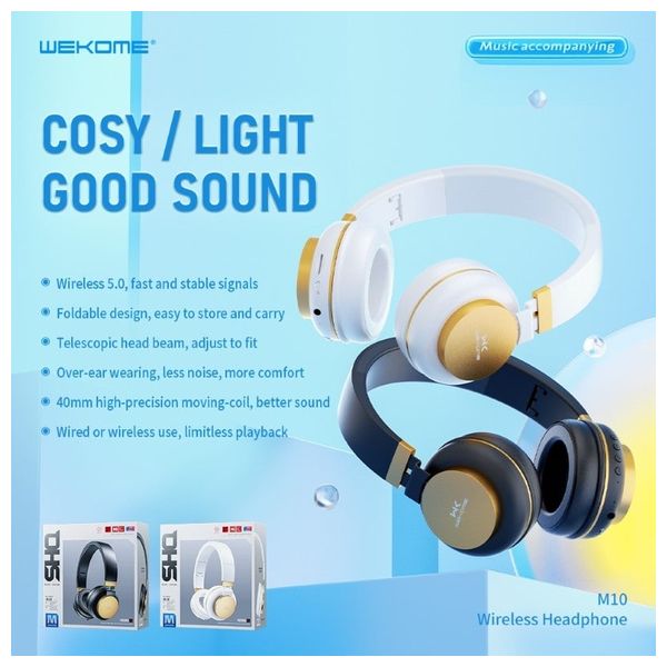 سماعة بلوتوث حول الاذن ويكوم - M10 - بلوتوث 5 - بطارية تعمل من 14 - 15 ساعة - اسود