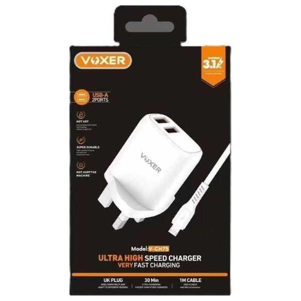  شاحن جداري فوكسير مع كيبل مايكرو يو اس بي - V CH75 - بقوة 15.5 واط - ابيض 