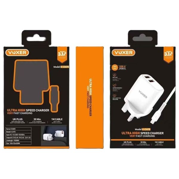  شاحن جداري فوكسير مع كيبل مايكرو يو اس بي - V CH75 - بقوة 15.5 واط - ابيض 