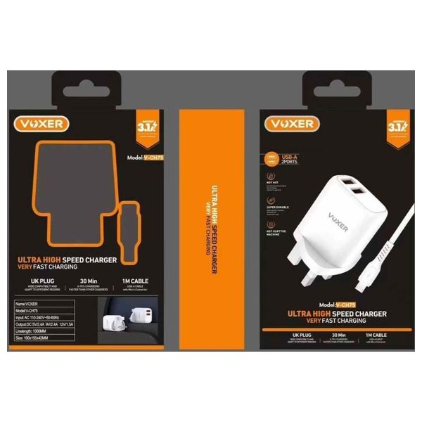  شاحن جداري فوكسير مع كيبل مايكرو يو اس بي - V CH75 - بقوة 15.5 واط - ابيض 