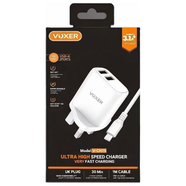  VOXER V CH75 - Dual USB Fast Wall Charger with Lightning Cable - 15.5W - 1m - White 