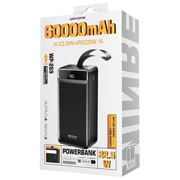 باور بانك ويكومي - إضاءة LED - سعة 60000 مللي أمبير - 22.5 واط - أسود