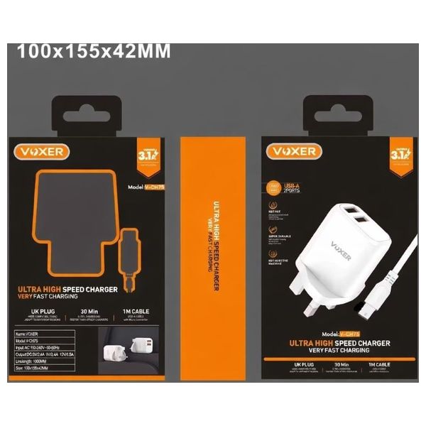  VOXER V CH75 - Dual USB Fast Wall Charger with Lightning Cable - 15.5W - 1m - White 