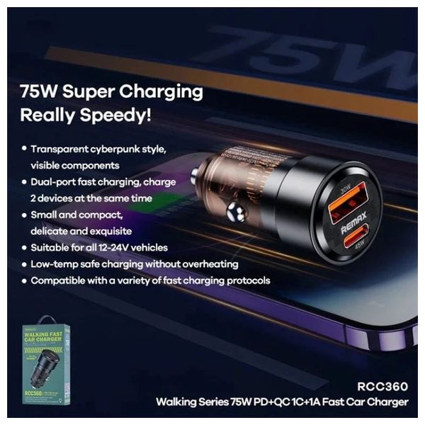  Remax RCC360 - Car Charger - 75W - 2 Ports - Black 