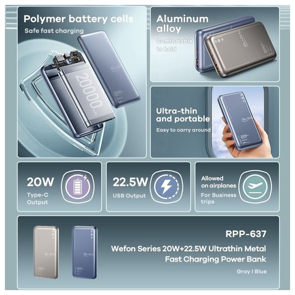 باور بانك ريماكس - سعة 20000 مللي أمبير - 22.5 واط - أزرق