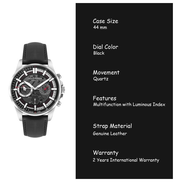  Lee Cooper Watch lc07816.361 For Men - Analog Display, Leather Band - Black 