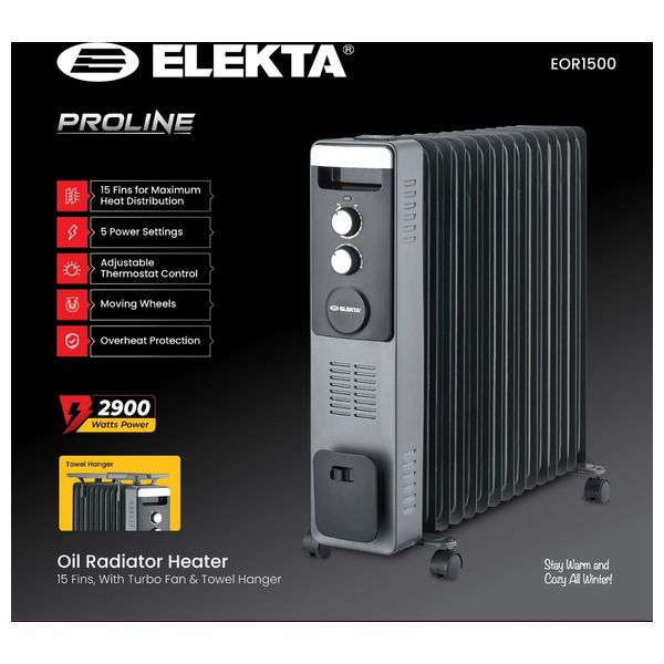 Elekta EOR1500 - Oil Radiator Heater - 15 Fins - Gray