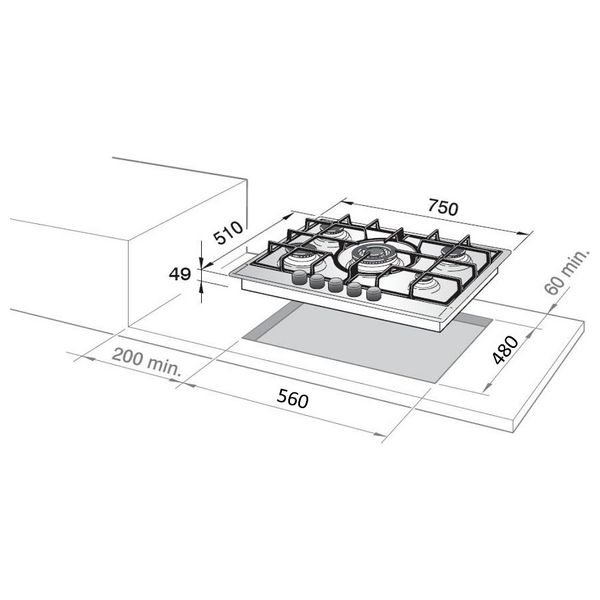  Delonghi SLF575CGBK/004H - 5 Burners - Built-In Gas Cooker - Black Glass 