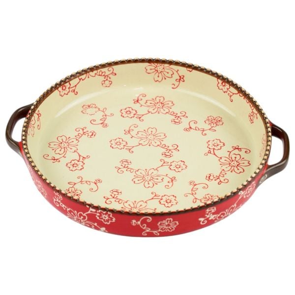Gallery Home Round Ceramic Casserole - Red Floral Pattern