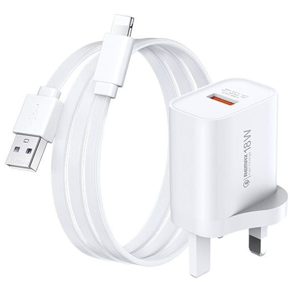  شاحن جداري ريماكس مع كيبل يو اس بي اي الى لايتنينج - 1 متر - 18 واط - RP-U119 - ابيض 