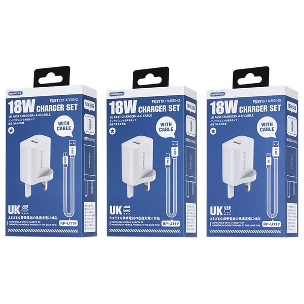 شاحن جداري ريماكس مع كيبل يو اس بي اي الى يو اس بي سي - 1 متر - 18 واط - RP-U119 - ابيض