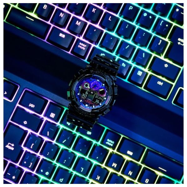  ساعة كاسيو جي-شوك فيرتشوال رينبو RGB للرجال GA-100RGB-1ADR - تصميم كاجوال، عرض رقمي تناظري، سوار من الراتينج - أسود 