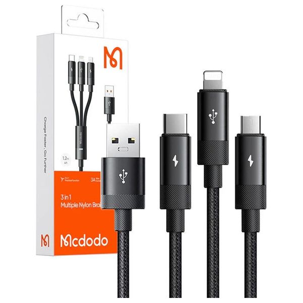 Mcdodo CA-5790  - 3-in-1 USB-A to USB-C+Lightning+Micro USB Data Cable - 1.2m - Black