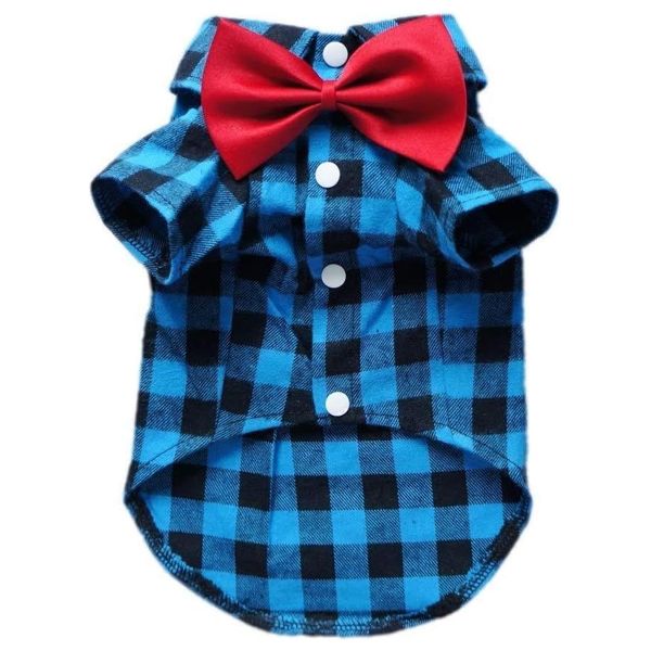 Dog Clothes - Blue Plaid with Red Bow - XS