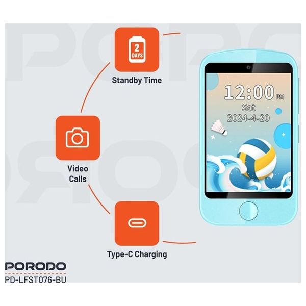  هاتف اطفال ذكي بورودو 4G - بشاشة 2.8-انج متعددة اللمس - 700 مللي أمبير في الساعة - شحن يو اس بي سي  لإعادة الشحن السريع والمريح - أزرق 