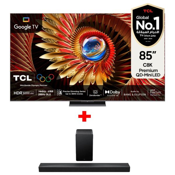 TCL 85-Inch C8K Series - Smart - 4K - Mini LED - 144Hz - 2025 Model + TCL Q65H - Home Theater Soundbar - Black