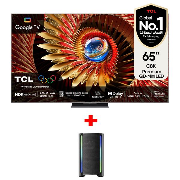  TCL 65-Inch C8K Series - Smart - 4K - QD-Mini LED - 120Hz - 2025 Model + TCL TP200K - Speaker - Black 