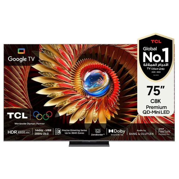  TCL 75-Inch C8K Series - Smart - 4K - Mini LED - 144Hz - 2025 Model + Nojoom Alrabiaa receiver with 3-month subscription + TCL Z100-G - Wireless Free Sound Speaker - Gold 