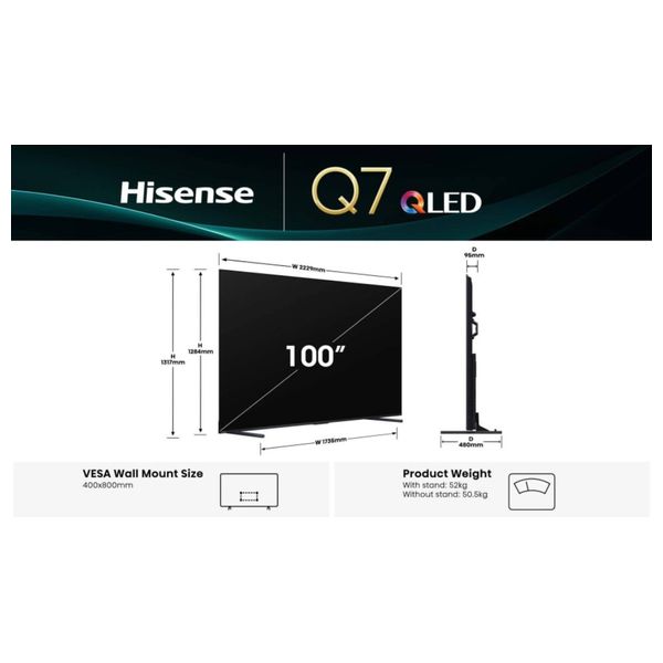  شاشة هايسنس - 100 انج - فئة 4K - UHD - QLED - Direct LED - 120Hz - Q7Q - أسود 