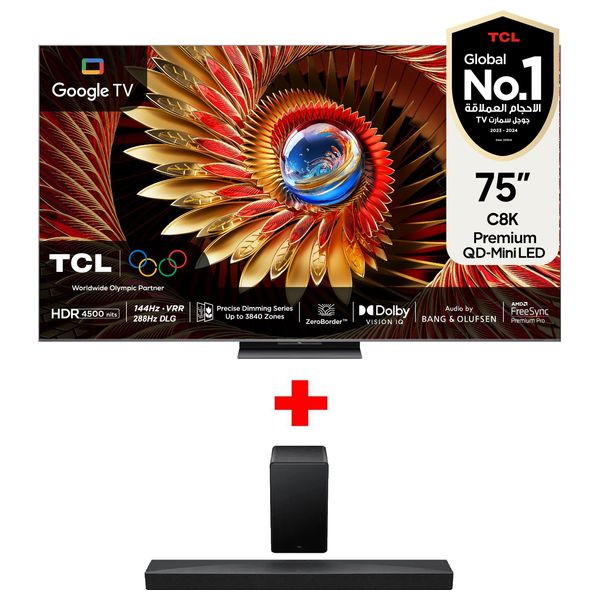 شاشة تي سي ال 75-انج فئة C8K - سمارت - 4K - Mini LED - إصدار 2025 - 144 هيرتز + ساوند بار تي سي ال - Q65H - أسود