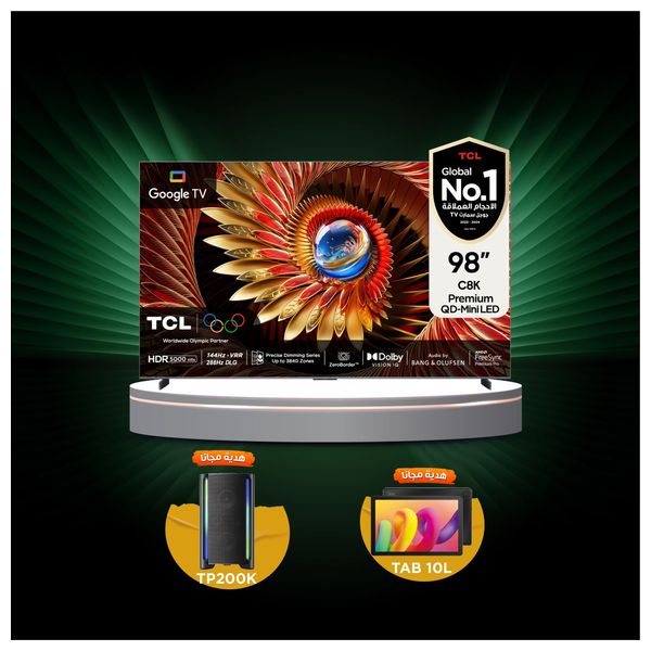 شاشة تي سي ال 98-انج فئة C8K - سمارت - 4K - Mini LED - إصدار 2025 - 144 هيرتز + تي سي ال تاب 10L + سماعات تي سي ال - TP200K - اسود