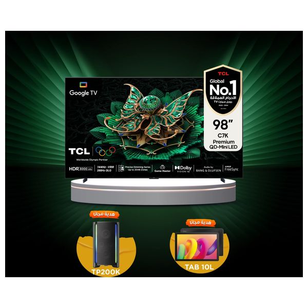 TCL 98-Inch C7K Series - Smart - 4K - QD-Mini LED - 144Hz - 2025 Model + TCL Tab 10L - Black + TCL TP200K - Speaker - Black