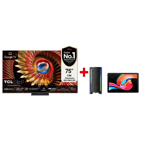 شاشة تي سي ال 75-انج فئة C8K - سمارت - 4K - Mini LED - إصدار 2025 - 144 هيرتز + تي سي ال تاب 10L + سماعات تي سي ال - TP200K - اسود