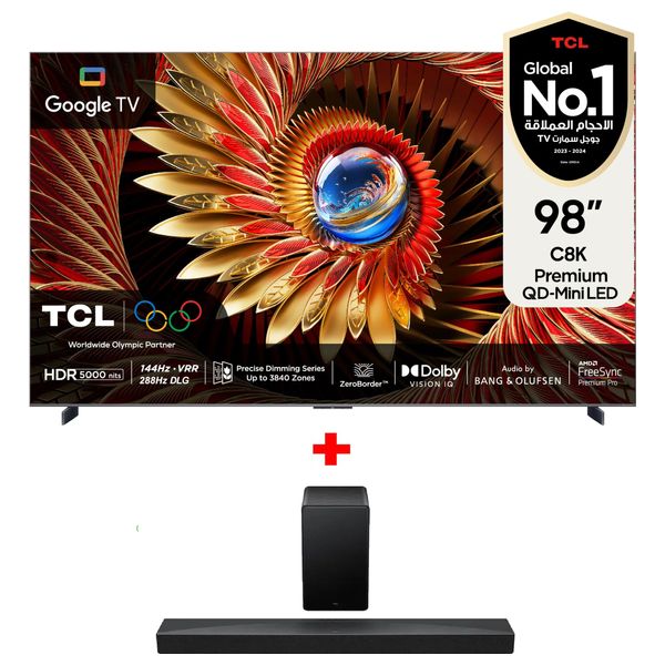 TCL 98-Inch C8K Series - Smart - 4K - Mini LED - 144Hz - 2025 Model + TCL Q65H - Home Theater Soundbar - Black
