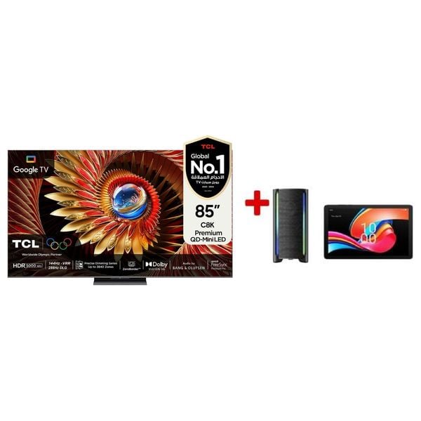  شاشة تي سي ال 85-انج فئة C8K - سمارت - 4K - Mini LED - إصدار 2025 - 144 هيرتز + تي سي ال تاب 10L + سماعات تي سي ال - TP200K - اسود 