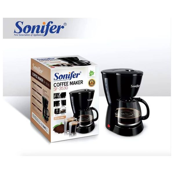 Sonifer Coffee Maker SF-3530 - 800W - Brew up to 12 cups at once - Warming plate to keep coffee hot - Black + Whisk Gift