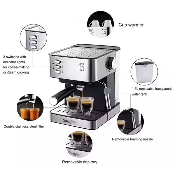 Sonifer Espresso Coffee Maker - 850W - Pump Pressure: 15 bar high-performance - Silver + Gift whisk