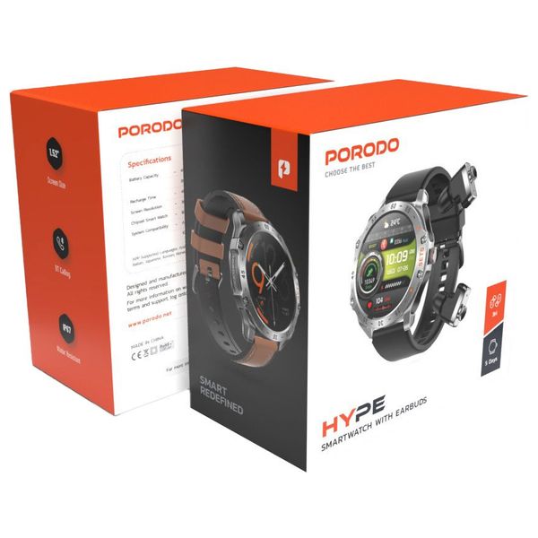 ساعة هايب الذكية مع سماعات أذن بورودو - شاشة مقاس 1.52 انج IPS ، مقاومة للماء بتقنية IP67 - سلفر
