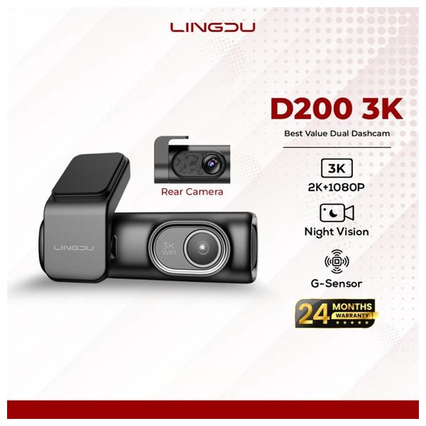 Lingdu D200-PRO - Dash Cam - 3K Resolution - built-in GPS & Wi-Fi - Black