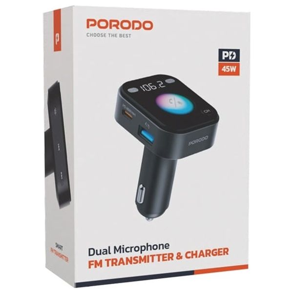  جهاز إرسال اف ام مزدوج الميكروفون وشاحن بورودو - PD 45 واط - أسود 