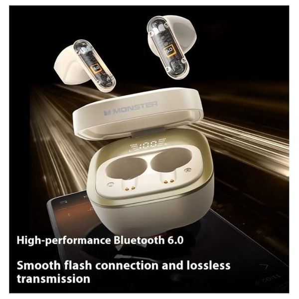 سماعات أذن لاسلكية مونستر إن-لايت 212 - عمر بطارية طويل للغاية يصل إلى 24 ساعة من التشغيل المتواصل - تقنية إلغاء الضوضاء بالذكاء الاصطناعي - أبيض