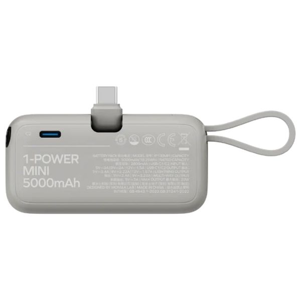  شاحن محمول صغير الحجم ومبتكر موماكس ون باور ميني - تصميم 3 في 1 - سعة 5000 مللي أمبير - شحن سريع PD بقوة 20 واط - تيتانيوم 