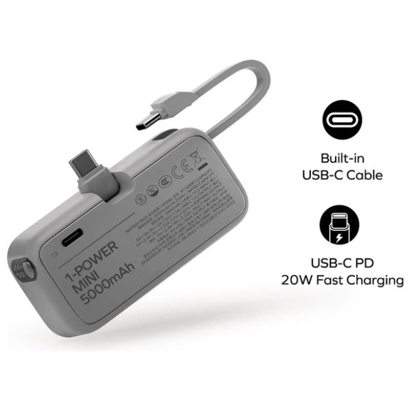  شاحن محمول صغير الحجم ومبتكر موماكس ون باور ميني - تصميم 3 في 1 - سعة 5000 مللي أمبير - شحن سريع PD بقوة 20 واط - تيتانيوم 