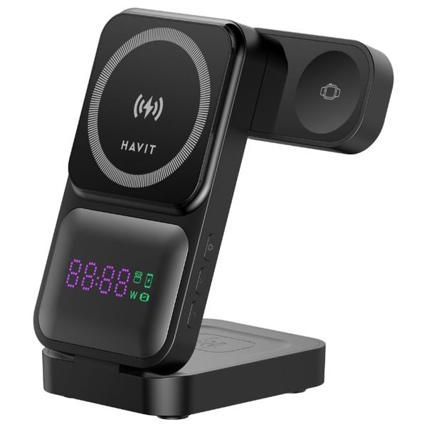  Havit W3107 Wireless Charger - 3 in 1 - with LED clock - Foldable design - Black 