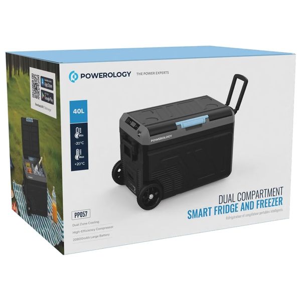 Powerology - Dual Compartment Smart Fridge & Freezer - 40L - 20800mAh Battery & PD 60W - Black