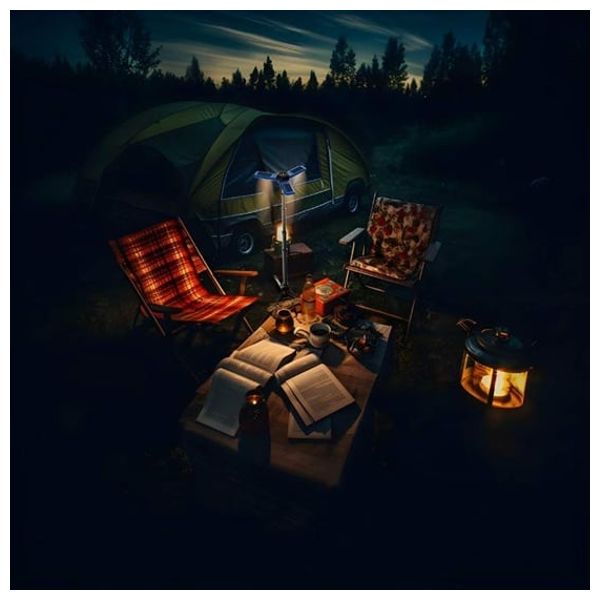  مصباح تخييم - 2600 مللي أمبير/ساعة - حامل ثلاثي القوائم وألواح شمسية مدمجة - أزرق 