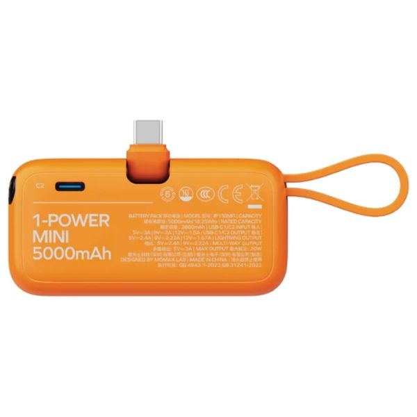  شاحن محمول صغير الحجم ومبتكر موماكس ون باور ميني - تصميم 3 في 1 - سعة 5000 مللي أمبير - شحن سريع PD بقوة 20 واط - برتقالي 