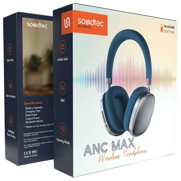  Porodo Soundtec Airpodmax - Over Ear Headphones - Active Noise Cancelling (ANC) for immersive sound - Battery Capacity: 400mAh - Blue 