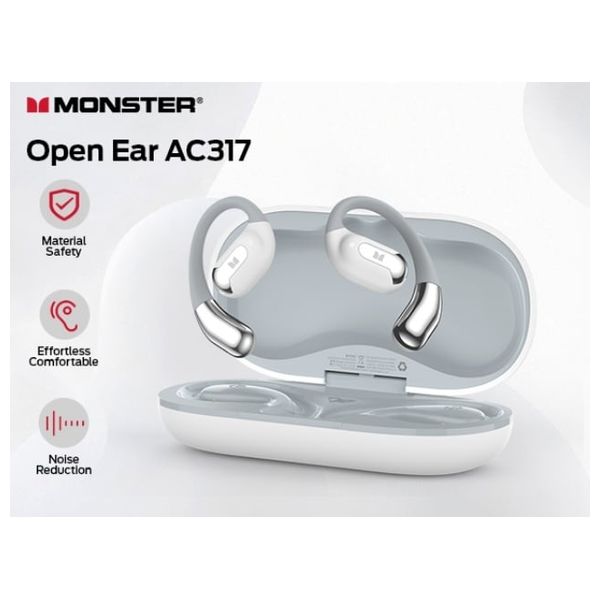 Monster Open Ear AC317 Wireless Headphones - Long Battery Life Up to 24 hours of playback - Sweat Resistant IPX6 rating - White