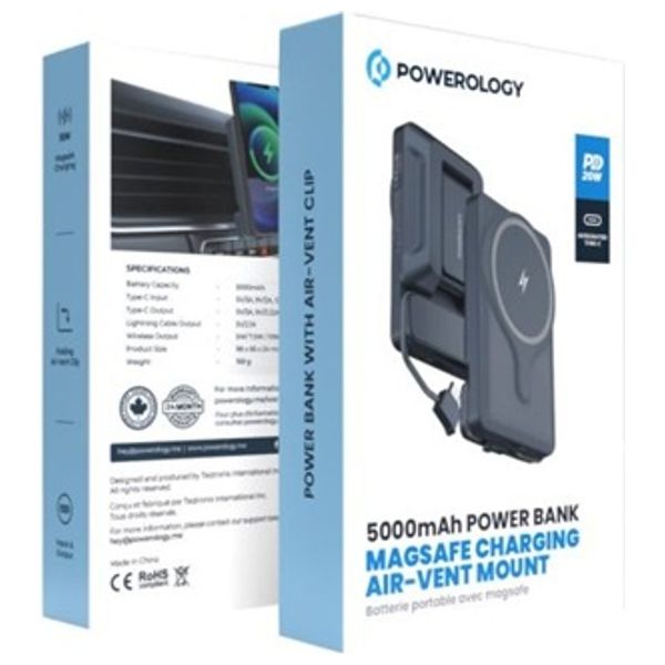 Powerology - Power Bank - 5000mAh - with Magnetic Wireless Car Charger - Black