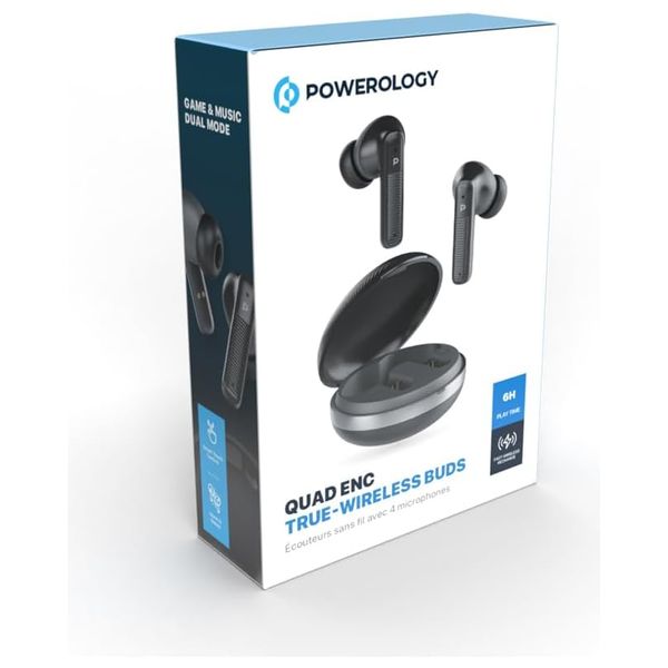 Powerology - Bluetooth Headphone In Ear - 4 microphones with Active Noise Cancellation - Smart touch for music and call control - Black
