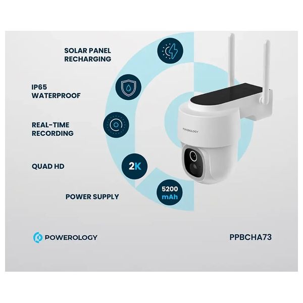  Powerology - Built-in Solar Pan & Tilt Outdoor Camera - IP65 Waterproof - 2K Quad HD Resolution - White 