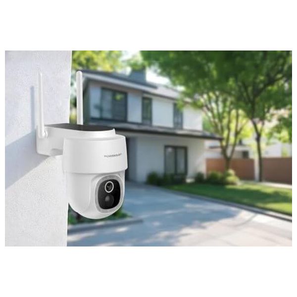  Powerology - Built-in Solar Pan & Tilt Outdoor Camera - IP65 Waterproof - 2K Quad HD Resolution - White 