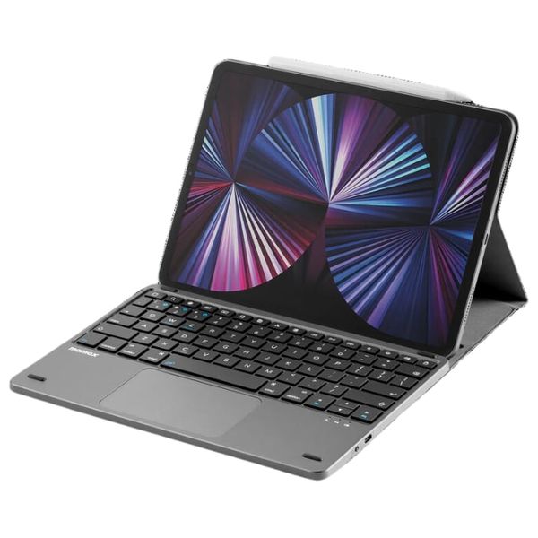  كيبورد موماكس اللاسلكية مع ستاند - مُصمم خصيصًا لجهاز ابل - غطاء ذكي مغناطيسي متصل - رمادي 