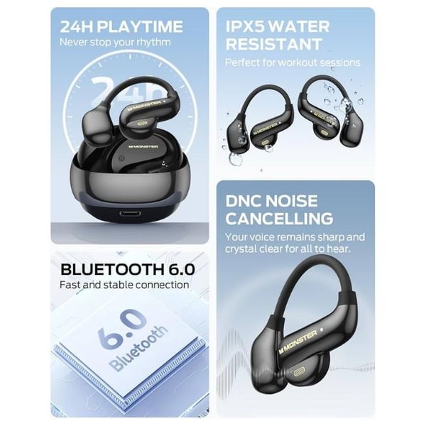 Monster Open Ear AC390 Wireless Headphones - Long Playtime Up to 24 hours of continuous use - Active Noise Cancellation  - Black